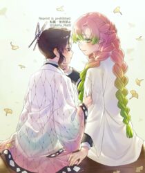  2girls blush braid butterfly_hair_ornament clothes_grab commentary demon_slayer_uniform falling_leaves gradient_hair green_eyes green_hair hair_ornament hand_on_another&#039;s_cheek hand_on_another&#039;s_face japanese_clothes kanroji_mitsuri kimetsu_no_yaiba kimono kochou_shinobu leaf long_hair long_sleeves looking_at_another mizuki_mau mole mole_under_eye multicolored_hair multiple_braids multiple_girls nape outdoors pink_hair purple_eyes sitting sleeve_grab sweat twitter_username yuri 