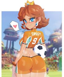  ass ball bike_shorts blue_eyes brown_hair crop_top crowd crown earrings female flipped_hair flower_earrings freckles heart heavy_breathing highres jewelry mario_(series) mario_strikers minicop2001 official_alternate_costume princess_daisy soccer_ball strikers_daisy super_mario_strikers sweat 