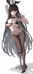  absurdres alternate_costume animal_ears bikini black_bikini black_bow black_bowtie black_hair black_hairband black_pantyhose blue_archive bow bowtie breasts cleavage detached_collar female hairband halo high_heels highres large_breasts long_hair micro_bikini navel pantyhose playboy_bunny pole rabbit_ears red_eyes rio_(blue_archive) sideboob solo stomach stripper_pole swimsuit thighs underboob very_long_hair white_background wrist_cuffs yukiaka 