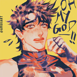  1boy amuii battle_tendency blush clenched_hand fingerless_gloves gloves jojo_no_kimyou_na_bouken joseph_joestar joseph_joestar_(young) male_focus muted_color portrait sleeveless sleeveless_turtleneck solo sweatdrop turtleneck 