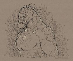  anthro chest_tattoo crocodile crocodilian crocodylid daylon_(dislyte) dislyte fangs lilith_games male mouth_strap no_shirt plant reptile scalie solo spikes tattoo teeth zinthings 