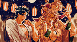  3boys alternate_costume amuii black_hair blonde_hair carrying dio_brando family father_and_son festival full_moon geta giorno_giovanna highres japanese_clothes jojo_no_kimyou_na_bouken jonathan_joestar kimono lantern lantern_festival male_focus moon multiple_boys muted_color paper_lantern pectoral_cleavage pectorals phantom_blood sandals scar scar_on_neck shoulder_carry sky_lantern stardust_crusaders stitches 