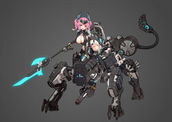  blush breasts chinese_commentary cleavage female haze/reverb highres holding holding_weapon large_breasts looking_at_viewer mecha mecha_musume oerba_yun_fang open_mouth pink_eyes pink_hair robot shirin_walter_(haze/reverb) short_hair short_twintails skin_fang smile solo stmast twintails weapon 