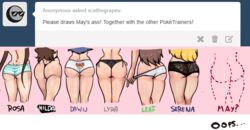  6girls ass bear_panties bear_print black_panties blonde_hair blue_hair brown_hair bubble_butt character_name close-up color cropped_legs dawn_(pokemon) dimples_of_venus female female_only g-string highleg highleg_panties hilda_(pokemon) human human_only lace-trimmed_panties leaf_(pokemon) line line_up long_hair lyra_(pokemon) may_(pokemon) multiple_females nintendo panties panty_pull pokemon pokemon_bw pokemon_bw2 pokemon_dppt pokemon_frlg pokemon_hgss pokemon_xy print_panties rosa_(pokemon) scas serena_(pokemon) serena_(pokemon_games) side-tie_panties source_request striped striped_panties take_your_pick thick_thighs thong tied_hair tumblr twintails underwear white_panties 