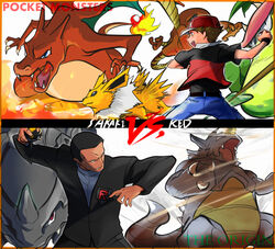  2boys baseball_cap belt black_hair black_jacket black_pants black_shirt character_name charizard commentary_request copyright_name fire flame-tipped_tail giovanni_(pokemon) hat hitmonlee holding holding_poke_ball jacket jolteon legs_apart male_focus multiple_boys pants poke_ball poke_ball_(basic) pokemon pokemon_(creature) pokemon_origins red_(pokemon) rhydon rhyhorn shirt short_hair short_sleeves team_rocket ultra_ball victreebel vs you_(kumi_siro_kuro) 