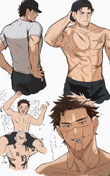  &gt;_&lt; 2boys abs backwards_hat bara baseball_cap black_hair black_shorts carrying carrying_person chest_tattoo facial_hair golden_kamuy grey_hair hat highres jewelry large_pectorals male_focus multiple_boys muscular muscular_male navel necklace nipples open_mouth pectorals scar scar_on_arm scar_on_cheek scar_on_chest scar_on_face scar_on_mouth scar_on_nose shiraishi_yoshitake shirt short_hair shorts simple_background smile sugimoto_saichi tattoo teeth ton_(ton19130318) translation_request very_short_hair wet wet_face wet_hair white_shirt 