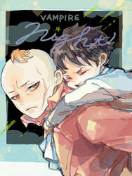  2boys bad_id bad_pixiv_id black_hair carrying closed_eyes darren_shan jacket larten_crepsley looking_back multiple_boys orange_hair piggyback red_jacket scar scar_on_face short_hair ta_y_n the_saga_of_darren_shan 