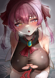  absurdres arm_support ascot bare_shoulders blush breasts brooch check_commentary cleavage commentary commentary_request curvy female gloves hair_intakes hair_ribbon head_tilt heterochromia highres hinoki_kahun0 hololive houshou_marine houshou_marine_(1st_costume) jewelry large_breasts leotard looking_at_viewer no_eyepatch off_shoulder parted_lips red_eyes red_hair red_ribbon ribbon see-through see-through_leotard sweat torn_clothes twintails virtual_youtuber white_gloves yellow_eyes 