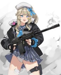  absurdres bandaged_leg bandages black_jacket blonde_hair blue_eyes blue_neckerchief blue_shirt blue_skirt commentary down_jacket female firing gar32 girls&#039;_frontline girls&#039;_frontline_2:_exilium gun highres holding holding_gun holding_weapon jacket long_sleeves name_connection neckerchief object_namesake panties shirt skirt smoke smoking_barrel thighs underwear upskirt vepley_(girls&#039;_frontline_2) vepr-12 weapon white_headwear white_panties yellow_jacket yellow_neckerchief 