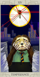  2016 anthro black_nose bockson_5411 brown_body brown_fur building card card_template clothed clothing disney english_text flash_slothmore fortune_telling fur hi_res major_arcana male mammal necktie paper pilosan roman_numeral shirt sloth solo tarot tarot_card temperance_(tarot) text three-toed_sloth topwear xenarthran zootopia 