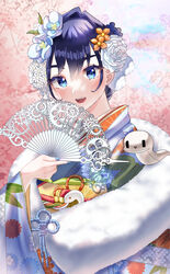  animal blue_eyes blue_hair blue_nails boros_(ouro_kronii) commentary female floral_background floral_print flower fur_trim gears hair_between_eyes hair_flower hair_ornament hand_fan hand_up highres holding hololive hololive_english japanese_clothes kimono long_sleeves looking_at_viewer m0_0m_c multicolored_eyes new_year official_alternate_costume open_mouth ouro_kronii ouro_kronii_(new_year) rope rose short_hair sidelocks snake solo teeth upper_body upper_teeth_only virtual_youtuber white_flower white_rose white_snake wide_sleeves |_| 