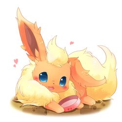  blue_eyes blush bowl commentary_request flareon full_body heart looking_at_viewer lying no_humans oerba_yun_fang on_stomach open_mouth paw_print pet_bowl pokemon pokemon_(creature) solo tongue ushiina white_background 