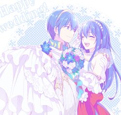  1boy blue_eyes blue_hair blush bouquet caeda_(bridal)_(fire_emblem) caeda_(fire_emblem) carrying closed_eyes couple dress english_text female fire_emblem fire_emblem:_mystery_of_the_emblem fire_emblem:_new_mystery_of_the_emblem fire_emblem:_shadow_dragon_and_the_blade_of_light fire_emblem_heroes flower gloves hiyori_(rindou66) long_hair looking_at_another marth_(fire_emblem) marth_(groom)_(fire_emblem) open_mouth princess_carry smile straight twitter_username wedding_dress white_dress white_gloves 