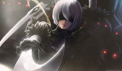  2b_(nier:automata) black_blindfold black_dress blindfold blurry blurry_background breasts cleavage commentary dark_background dress english_commentary facing_viewer female highres limgae lips machine medium_breasts mole mole_under_mouth nier:automata nier_(series) photoshop_(medium) revision robot solo sword upper_body watermark weapon weapon_on_back web_address white_hair 