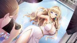  2girls blonde_hair blue_eyes blunt_bangs breasts camera cleavage dolphin_wave dress dutch_angle game_cg hair_intakes highres holding holding_camera kirahoshi_kanna large_breasts long_hair looking_at_viewer marvelous model multiple_girls official_art solo_focus wavy_hair white_dress 