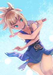  blonde_hair blue_background blue_dress breasts cleavage closed_mouth collarbone commentary_request cowboy_shot dr._stone dress female green_eyes holding holding_sword holding_weapon jj_(ssspulse) kohaku_(dr._stone) looking_to_the_side medium_breasts sheath shield short_dress sideboob sleeveless sleeveless_dress smile solo standing sword thigh_gap thighs tied_hair unsheathing weapon 