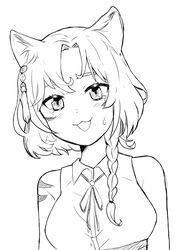  :3 animal_ears braid cat_ears cat_girl female greyscale highres indie_virtual_youtuber kitanya_nyanta line_art looking_at_viewer monochrome open_mouth rolanden short_hair simple_background solo upper_body virtual_youtuber white_background 