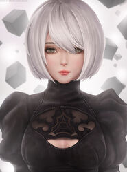  2b_(nier:automata) black_dress black_hairband blurry blurry_background bob_cut breasts breasts_apart cleavage cleavage_cutout clothing_cutout commentary cube dress english_commentary facing_viewer female grey_eyes hair_over_one_eye hairband juliet_sleeves limgae lips lipstick long_sleeves makeup medium_breasts mole mole_under_mouth nier:automata nier_(series) no_blindfold nose photoshop_(medium) pink_lips puffy_sleeves short_hair solo turtleneck upper_body watermark web_address white_hair 