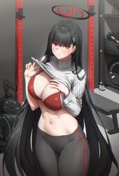  black_hair black_pants blue_archive blunt_bangs bra breasts bright_pupils clothes_lift commentary dumbbell female gileu gym hair_ornament hairclip halo highres large_breasts long_hair midriff navel pants power_rack red_bra red_eyes ribbed_sweater rio_(blue_archive) solo stomach sweater sweater_lift turtleneck turtleneck_sweater underwear weights white_sweater yoga_pants 