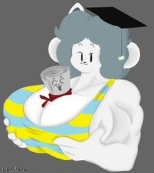  anthro big_breasts breasts canid canine clothed clothing diploma felid feline female hair hi_res holding_breast lerntern mammal muscular muscular_female simple_background smug solo tem temmie_(undertale) text topwear undertale undertale_(series) white_body 