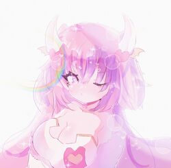  absurdres breasts candeytwix cleavage demon_girl demon_horns demon_wings female hair_ornament head_wings heart heart_hair_ornament highres horns ironmouse ironmouse_(race_queen) jacket large_breasts leotard looking_at_viewer multicolored_hair one_eye_closed pink_eyes pink_hair pink_jacket purple_hair race_queen rainbow smile solo sparkle streaked_hair virtual_youtuber vshojo white_background white_leotard wings 