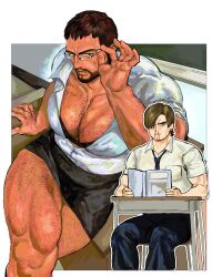  123456dyom 2boys absurdres bara black_hair black_skirt blood book brown_hair chest_hair chris_redfield collared_shirt crossed_legs facial_hair glasses highres holding holding_book large_pectorals leg_hair leon_s._kennedy male_focus miniskirt multiple_boys muscular muscular_male necktie nosebleed open_book pants pectorals resident_evil resident_evil_6 school_uniform shirt short_hair skirt teacher teacher_and_student thick_thighs thighs white_shirt yaoi 