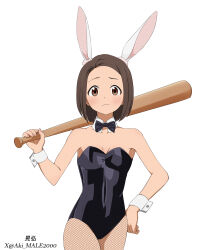  akebi-chan_no_serafuku aki_male2000 animal_ears bare_shoulders baseball_bat black_bow black_bowtie black_leotard bow bowtie breasts brown_eyes brown_hair closed_mouth cowboy_shot detached_collar fake_animal_ears female fishnet_pantyhose fishnets hand_on_own_hip highres holding holding_baseball_bat leotard light_blush medium_breasts pantyhose playboy_bunny rabbit_ears short_hair simple_background solo strapless strapless_leotard twitter_username usagihara_touko white_background wrist_cuffs 