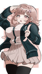  blush breasts brown_hair collared_shirt covered_nipples danganronpa_(series) danganronpa_2:_goodbye_despair female flipped_hair galaga hair_ornament highres hood ikemen&#039;na_ore-shi jacket long_sleeves looking_at_viewer medium_hair miniskirt nanami_chiaki neck_ribbon open_clothes open_jacket pink_bag pink_eyes pink_ribbon pleated_skirt ribbon shirt shirt_tucked_in skirt solo thighhighs white_shirt zettai_ryouiki 