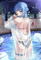  :d alcohol alternate_costume ass back bikini bikini_under_clothes black_bikini blue_choker blue_eyes blue_hair breasts choker cityscape commentary cup double-parted_bangs drinking_glass earrings female from_behind hair_between_eyes hair_bun halterneck highres hiiragi_melt hololive hoshimachi_suisei indoors jewelry long_hair long_sleeves looking_at_viewer looking_back median_furrow medium_breasts multi-strapped_bikini_bottom night off_shoulder plant pool potted_plant see-through shooting_star side-tie_bikini_bottom side_up_bun sideboob single_hair_bun single_side_bun smile solo star_(symbol) star_in_eye swimsuit swimsuit_cover-up symbol_in_eye teeth thigh_strap upper_teeth_only virtual_youtuber wading water wet wine wine_glass 