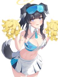  absurdres animal_ears bare_arms bare_shoulders black_hair blue_archive blue_eyes breasts cleavage cowboy_shot criss-cross_halter crop_top detached_collar dog_ears dog_girl dog_tail female goggles goggles_on_head halo halterneck hands_up hibiki_(blue_archive) hibiki_(cheer_squad)_(blue_archive) highres holding holding_pom_poms lapis0_0 long_hair looking_at_viewer medium_breasts midriff millennium_cheerleader_outfit_(blue_archive) miniskirt navel official_alternate_costume open_mouth pleated_skirt pom_pom_(cheerleading) ponytail shirt shoulder_tattoo simple_background skirt sleeveless sleeveless_shirt solo spaghetti_strap standing stomach tail tattoo two-tone_shirt wavy_mouth white_background white_shirt white_skirt wing_collar 