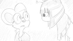  animal_crossing ankha_(animal_crossing) anthro clothed clothing dialogue_in_description domestic_cat dragonweirdo duo eyewear felid feline felis female glasses greyscale hi_res mammal monochrome mouse murid murine nintendo petri_(animal_crossing) rodent round_glasses wearing_glasses worried 