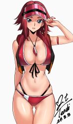  absurdres artist_name ass_visible_through_thighs bikini blue_eyes breasts cleavage code_geass code_geass:_lost_stories dated female front-tie_bikini_top front-tie_top green_eyes hat highres kouzuki_kallen large_breasts multi-strapped_bikini_bottom red_bikini red_hair red_hat red_vest short_hair signature solo swimsuit vest visor_cap yoo_tenchi 