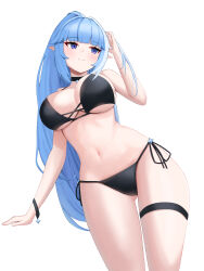  absurdres ass_visible_through_thighs bare_arms bare_shoulders bikini black_bikini black_choker blue_eyes blue_hair breasts character_pria choker cleavage closed_mouth commission cowboy_shot female halterneck hand_up high_ponytail highres lapis0_0 large_breasts long_hair looking_to_the_side multi-strapped_bikini_top navel original pointy_ears ponytail side-tie_bikini_bottom sidelocks simple_background smile solo standing stomach string_bikini swimsuit thigh_strap thighs very_long_hair white_background wristband 