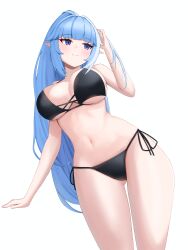  absurdres ass_visible_through_thighs bare_arms bare_shoulders bikini black_bikini blue_eyes blue_hair breasts character_pria cleavage closed_mouth commission cowboy_shot female halterneck hand_up high_ponytail highres lapis0_0 large_breasts long_hair looking_to_the_side multi-strapped_bikini_top navel original pointy_ears ponytail side-tie_bikini_bottom sidelocks simple_background smile solo standing stomach string_bikini swimsuit thighs very_long_hair white_background 