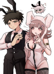  1boy :o ahoge animal_ears animal_hood armlet black_leotard black_necktie black_pants black_vest breasts brown_hair collared_shirt danganronpa_(series) danganronpa_2:_goodbye_despair detached_sleeves fake_animal_ears female fishnet_thighhighs fishnets flipped_hair galaga groin hand_up heart hinata_hajime hood ikemen&#039;na_ore-shi jewelry komaeda_nagito large_breasts leotard male_playboy_bunny mole mole_on_breast nanami_chiaki necktie official_alternate_costume pants pink_eyes rabbit_hood rabbit_tail shirt short_hair tail teeth thighhighs upper_teeth_only vest white_background white_leotard 