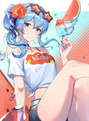  alternate_costume bare_shoulders belt black_choker blue_eyes blue_hair blue_nails bra_strap choker clothes_writing collarbone crossed_legs earrings eyewear_on_head female flower food grin hair_flower hair_ornament hibiscus highres holding holding_food holding_popsicle hololive hoop_earrings hoshimachi_suisei jewelry off-shoulder_shirt off_shoulder pendant popsicle shirt short_shorts short_sleeves shorts side_ponytail smile solo star-shaped_eyewear star_(symbol) star_in_eye sunglasses symbol_in_eye thighs tokisaka_makoto virtual_youtuber water_drop white_belt 