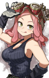  :q arm_up bare_shoulders black_gloves boku_no_hero_academia breasts cleavage crosshair_pupils female from_side gazacy_(dai) gloves goggles goggles_on_head grey_background hatsume_mei highres large_breasts looking_at_viewer orange_eyes pink_hair smile solo symbol-shaped_pupils tank_top tongue tongue_out 