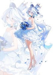  absurdres ahoge bare_arms bare_shoulders black_choker blue_flower blue_hair blue_rose choker commentary_request dress female flower furina_(genshin_impact) genshin_impact hat high_heels highres looking_at_viewer multicolored_hair rose simple_background smile strapless strapless_dress streaked_hair top_hat white_background white_dress white_footwear white_hair white_hat yuna_(deadawon) zoom_layer 