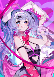  absurdres ahoge animal_ear_hairband animal_ears arm_belt arm_ribbon blue_eyes blue_hair bow bowtie breasts card clothing_cutout colored_inner_hair detached_sleeves fake_animal_ears female fishnet_pantyhose fishnets hair_ornament hairband hairclip hand_up hatsune_miku heart heart_cutout heart_hair_ornament highres leotard long_hair looking_at_viewer multicolored_hair pantyhose pink_hair playboy_bunny playing_card rabbit_ear_hairband rabbit_ears rabbit_hole_(vocaloid) ribbon single_handcuff small_breasts smile solo teardrop_facial_mark tongue tongue_out twintails user_ghma7852 very_long_hair vocaloid wrist_cuffs x_hair_ornament 