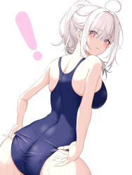  ! absurdres adjusting_clothes adjusting_swimsuit ahoge ass back bare_arms bare_shoulders blue_one-piece_swimsuit blush breasts closed_mouth commentary female grey_hair hair_over_one_eye high_ponytail highres large_breasts long_hair looking_back median_furrow mole mole_under_eye nijisanji one-piece_swimsuit pink_eyes pink_lips simple_background solo sukoya_kana swimsuit virtual_youtuber wet wet_clothes wet_hair wet_swimsuit white_background yunon_oto_mad 