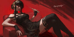  bare_shoulders black_dress black_hair black_thighhighs blood blood_on_clothes blood_on_weapon blush breasts chair cleavage copyright_name crossed_legs dagger dress earrings female gloves gold_earrings gold_hairband hair_ornament hairband highres holding holding_dagger holding_knife holding_weapon jewelry knife large_breasts long_hair looking_at_viewer parted_lips red_background red_eyes ruan_zoe sidelocks sitting smile solo spy_x_family stiletto_(weapon) thighhighs two-sided_dress two-sided_fabric weapon yor_briar 