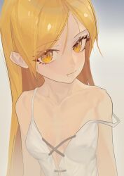  absurdres bare_shoulders blonde_hair breasts closed_mouth collarbone dress female gradient_background grey_background highres kizumonogatari long_hair looking_at_viewer monogatari_(series) oerba_yun_fang oshino_shinobu paplife sleeveless sleeveless_dress small_breasts solo spaghetti_strap strap_slip upper_body yellow_eyes 