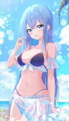  :d bare_shoulders bikini blue_bikini blue_eyes blue_hair blue_nails blue_sky blush breasts commentary_request commission day female fuuna hair_between_eyes hand_up highleg highleg_bikini highres horizon long_hair looking_at_viewer medium_breasts nail_polish navel ocean original outdoors sarong see-through skeb_commission skindentation sky smile solo swimsuit very_long_hair water 