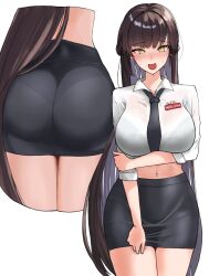  @_@ arm_under_breasts ass black_necktie black_skirt blue_bra blush bra bra_visible_through_clothes breasts brown_eyes brown_hair collarbone collared_shirt commentary cowboy_shot crop_top cropped_shirt female from_behind gochu_(g0chuu) goddess_of_victory:_nikke highres large_breasts long_hair looking_at_viewer marciana_(nikke) marciana_(school_days)_(nikke) midriff multiple_views name_tag navel navel_piercing necktie official_alternate_costume open_mouth pantylines pencil_skirt piercing school_uniform see-through see-through_shirt shirt simple_background skirt sleeves_rolled_up standing sweat underwear uniform very_long_hair wet wet_clothes wet_shirt white_background white_shirt 