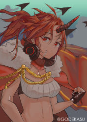  aircraft airplane artist_name breasts cape cigarette female fingerless_gloves fur-trimmed_cape fur_trim gloves godekasu headphones highres horns linea_alba medium_breasts medium_hair navel orange_hair original ponytail red_cape red_eyes single_horn smoke solo twitter_username upper_body 