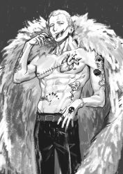  1boy abs arm_tattoo arm_up bird black_pants blonde_hair chest_tattoo collarbone donquixote_doflamingo earrings feathered_coat flamingo heart heart_tattoo highres holding holding_removed_eyewear jewelry looking_at_viewer male_focus monochrome multiple_earrings multiple_rings muscular muscular_male navel_piercing nisir0 one_piece pants pectorals piercing red_eyes ring short_hair shoulder_tattoo skull_tattoo smile solo stomach_tattoo sunglasses tattoo twitter_username unworn_eyewear 