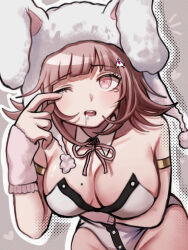  ;o animal_ears bare_shoulders breasts danganronpa_(series) danganronpa_2:_goodbye_despair drooling fake_animal_ears female flipped_hair galaga ikemen&#039;na_ore-shi large_breasts leotard looking_at_viewer medium_hair mole mole_on_breast nanami_chiaki neck_ribbon official_alternate_costume one_eye_closed playboy_bunny rabbit_ears ribbon solo strapless strapless_leotard tears wrist_cuffs 