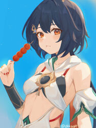  :t absurdres bare_shoulders blue_background blue_hair breasts commentary detached_sleeves female hand_up highres honkai:_star_rail honkai_(series) long_hair looking_at_viewer midriff nail_polish orange_eyes red_nails short_sleeves small_breasts solo stomach symbol-only_commentary upper_body very_long_hair yunli_(honkai:_star_rail) zinkaa 