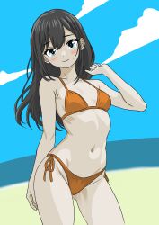  absurdres asashio_(kancolle) beach bikini black_hair blue_eyes blue_sky bone_namu(namu49850) breasts cloud commentary_request contrapposto cowboy_shot day female highres horizon kantai_collection long_hair navel ocean orange_bikini outdoors side-tie_bikini_bottom sky small_breasts smile solo swimsuit 