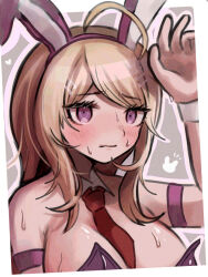  ahoge akamatsu_kaede animal_ears bare_shoulders blush breasts danganronpa_(series) danganronpa_v3:_killing_harmony detached_collar fake_animal_ears female ikemen&#039;na_ore-shi large_breasts leotard necktie official_alternate_costume outside_border pink_eyes pink_leotard rabbit_ears red_necktie shiny_skin solo sweat upper_body 